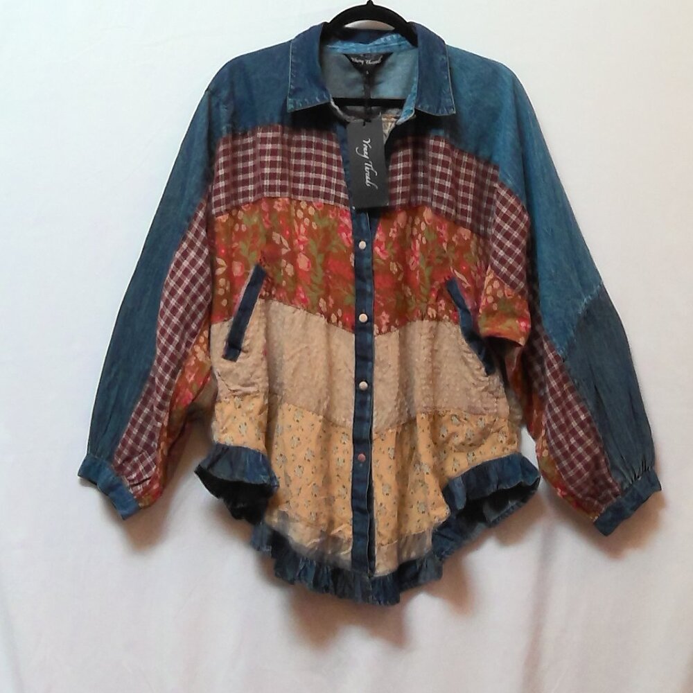 NWT Young Threads  Shirt Multi Color Patch Denim Trim Top Lg - Picture 2 of 3